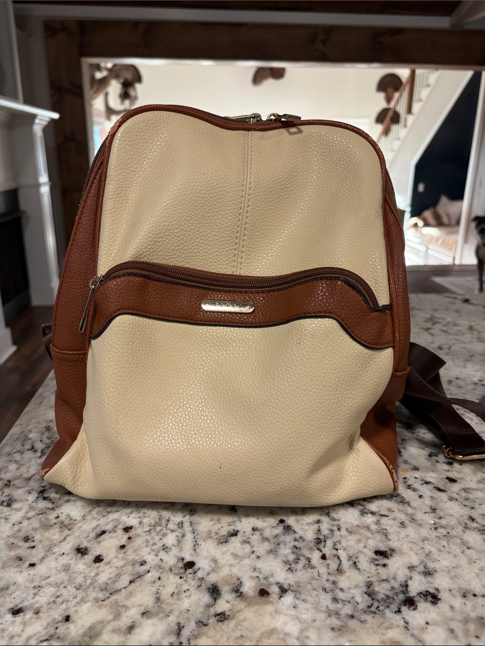 Cream and Brown Two-Tone Leatherette Backpack